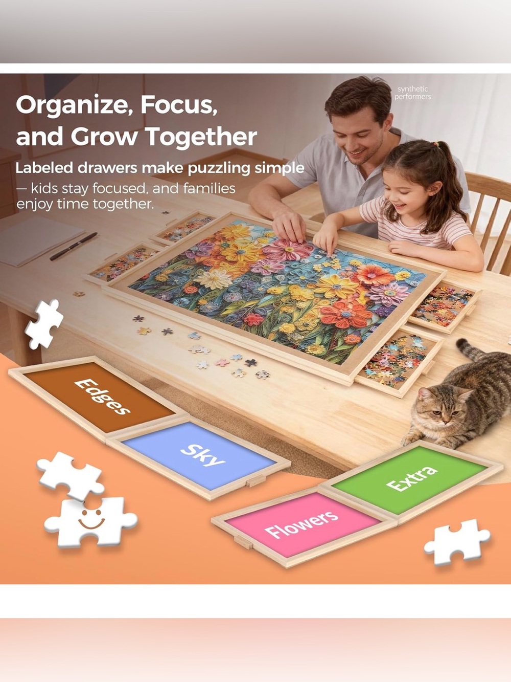 Wooden puzzle table w/ drawers